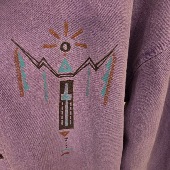 This is a vintage 1990s purple long-sleeved button-up shirt with a southewest De - Picture 2 of 6